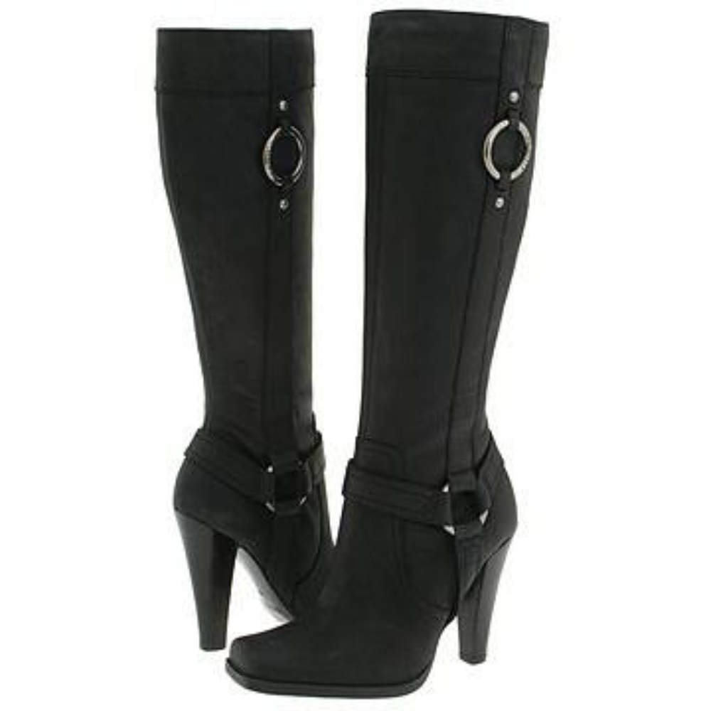 GUESS BLACK LEATHER TALL MOTO HIGH HEEL BOOTS